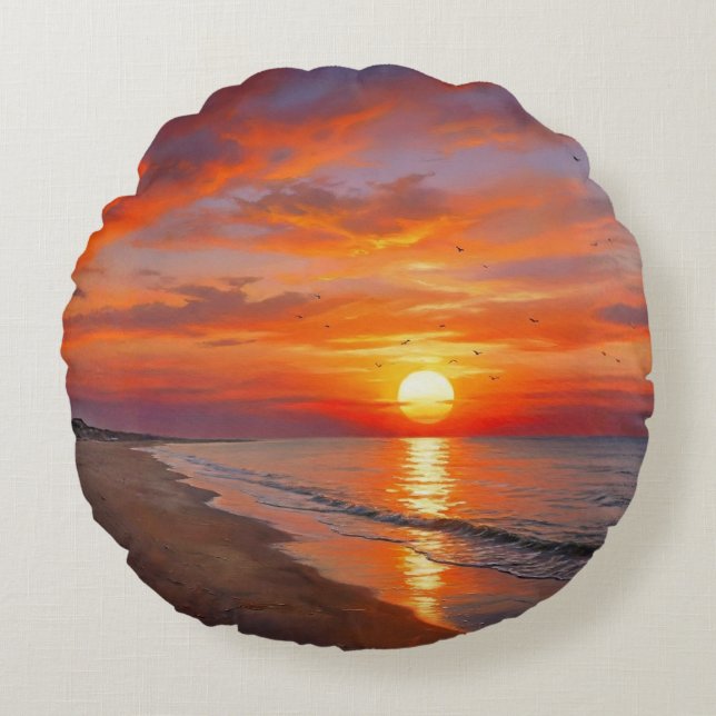 Beach Purple Orange Sunset Round Throw Pillow Rund Kudde (Framsidan)