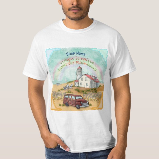 Beach Rainbow Lighthouse T Shirt (Framsida)