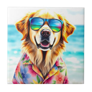 Beach Redo Golden Retriever i Watercolor Summer Kakelplatta