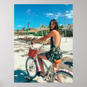 Beach Ride Aesthetic - Woman on Bicycle by Sea Poster