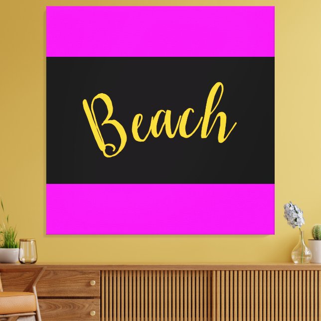 BEACH Roligt Bold Bright Tropical Rosa Black Rand Canvastryck (Insitu (Vardagsrum))