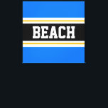 BEACH-Roligten Rand Blåvit svart Gult Canvastryck<br><div class="desc">Den här färgstarka sportetiska designen har fet BEACH-text inuti ett stort svart vågrät i rand med vit och gyllene gult tävla ränder mot ljusblå yttre ränder. Texten kan vara personlig.</div>