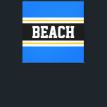 BEACH-Roligten Rand Blåvit svart Gult Canvastryck<br><div class="desc">Den här färgstarka sportetiska designen har fet BEACH-text inuti ett stort svart vågrät i rand med vit och gyllene gult tävla ränder mot ljusblå yttre ränder. Texten kan vara personlig.</div>