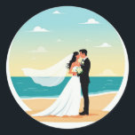 Beach Romance Wedding Sticker Runt Klistermärke<br><div class="desc">A romantic illustration of a bride and groom kissing on the beach at sunset,  perfect for decorating any item!</div>
