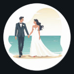 Beach Romantik Bröllop Sticker Runt Klistermärke<br><div class="desc">Elegantens digitala illustration av en brud- och groomhållare som håller händer vid stranden vid solnedgången,  perfekt för deka och gåvor som drivs med bröllop.</div>