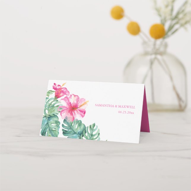 Beach Rosa Blommigt Watercolor Hibiscus Bröllop Placeringskort (Baksida)