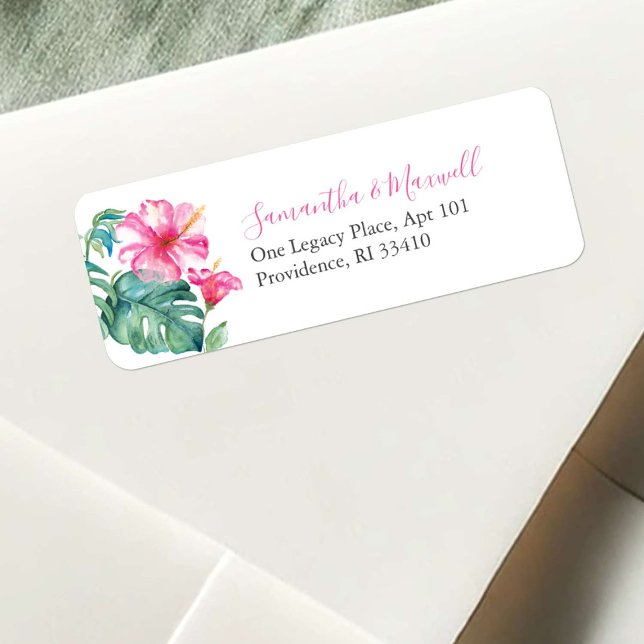 Beach Rosa Blommigt Watercolor Hibiscus Returadress Etikett (return address labels watercolor pink Hibiscus flower art by Victoria Grigaliunas Do Tell A Belle)