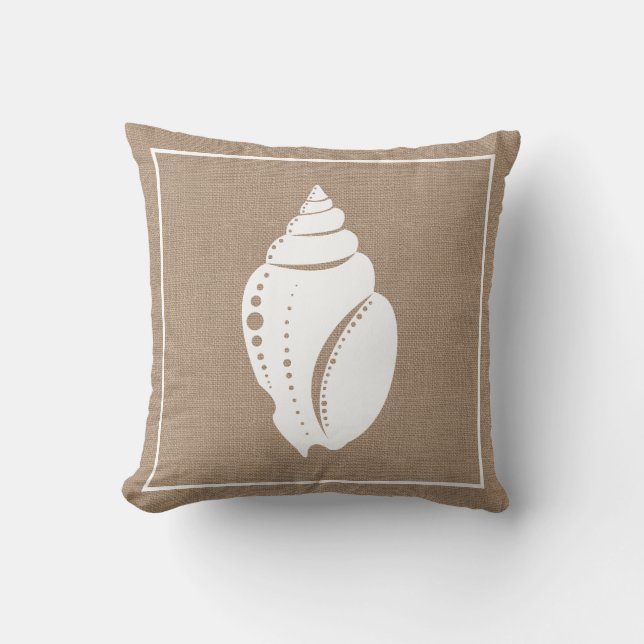 Beach Rustic White Seashell & Faux Burlap Kudde (Framsida)