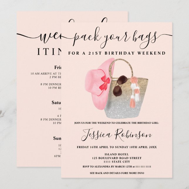 Beach-säckfödelsedag silver rosa glitter helg inbjudningar (Fram/baksida)