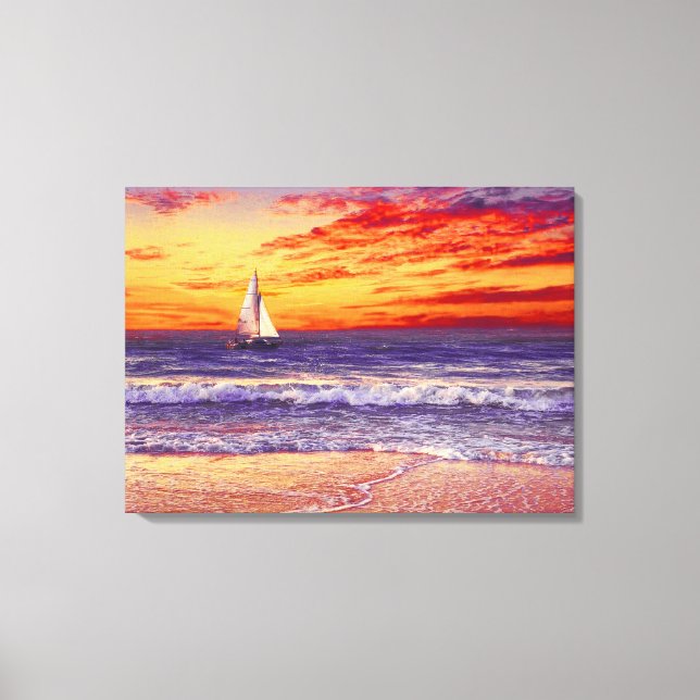 BEACH SAILBOAT SUNSET STRETCHED CANVAS ART PRINT (Framsida)