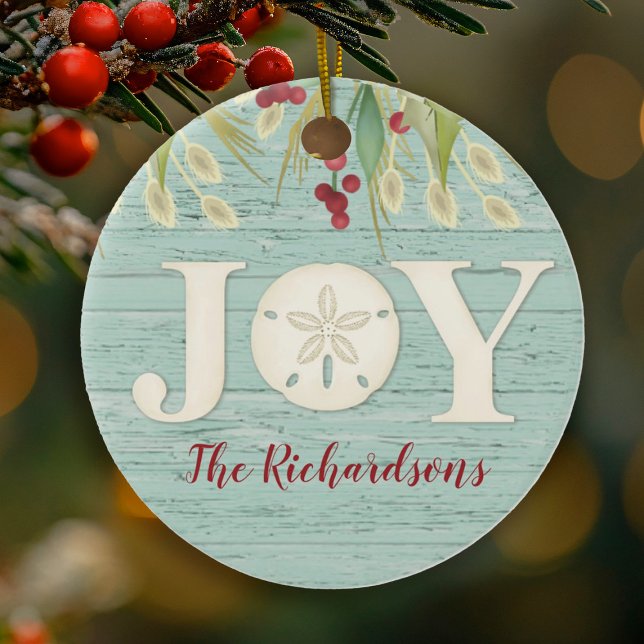 Beach Sand Dollar jul Joy Photo Julgransprydnad Keramik (An elegant beach themed Christmas ornament with the word JOY & your name.)