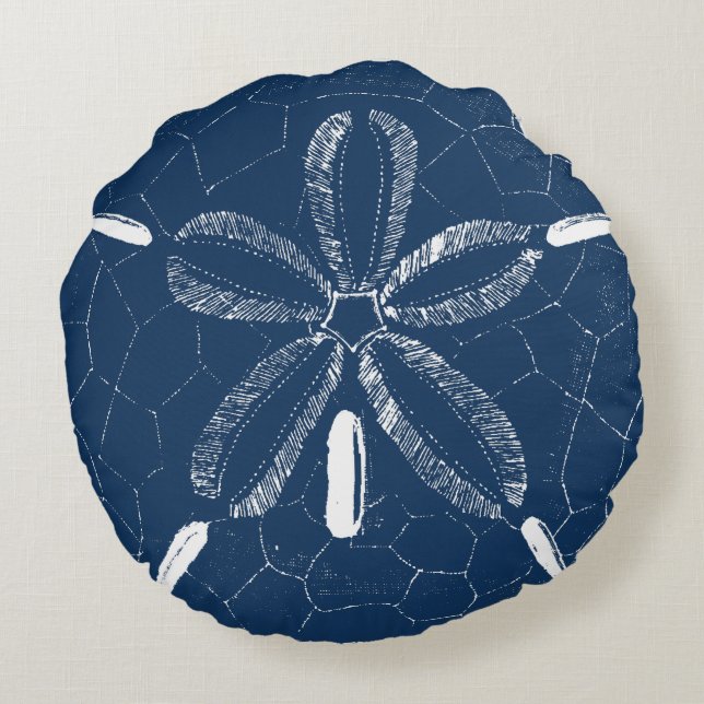 Beach Sand Dollar Navy Blue White Rund Kudde (Baksidan)