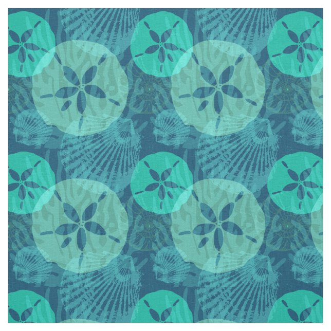 Beach Sand Dollars och Seashells Ocean Blue Aqua Tyg (Provkarta)