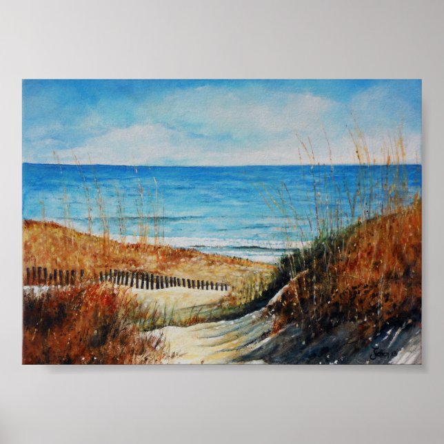 Beach Sand Dunes och Ocean Painting Glossy Poster (Framsidan)