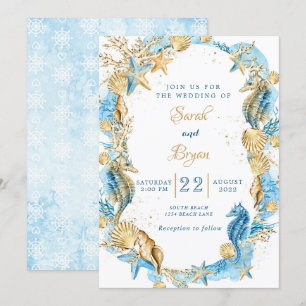 Beach Sand Elegant Teal Guld bröllopsinbjudan Inbjudningar