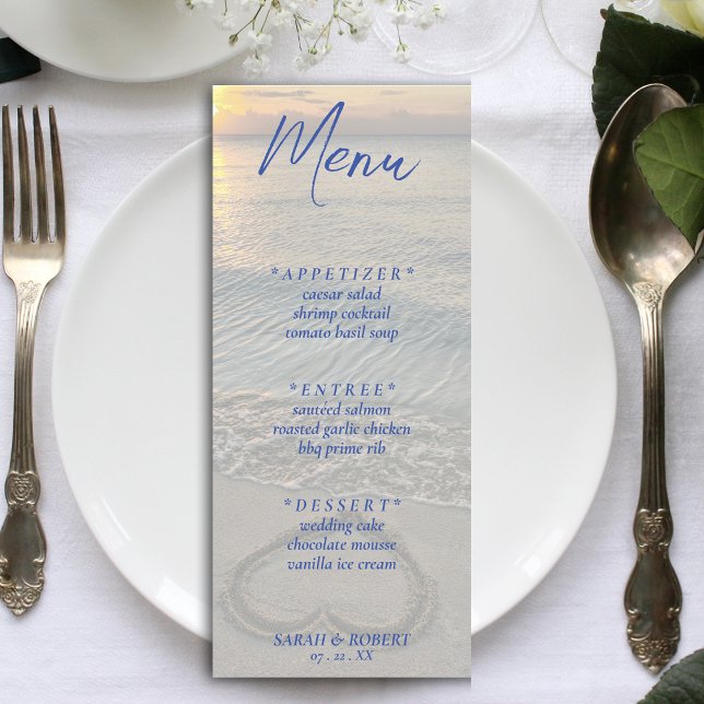 Beach Sand Heart-bröllopsmottagning Meny (Blue Text Beach Sand Heart Wedding Reception Menu)