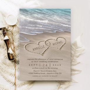Beach Sand Hearts Elegant Tropical Modern Bröllop Inbjudningar