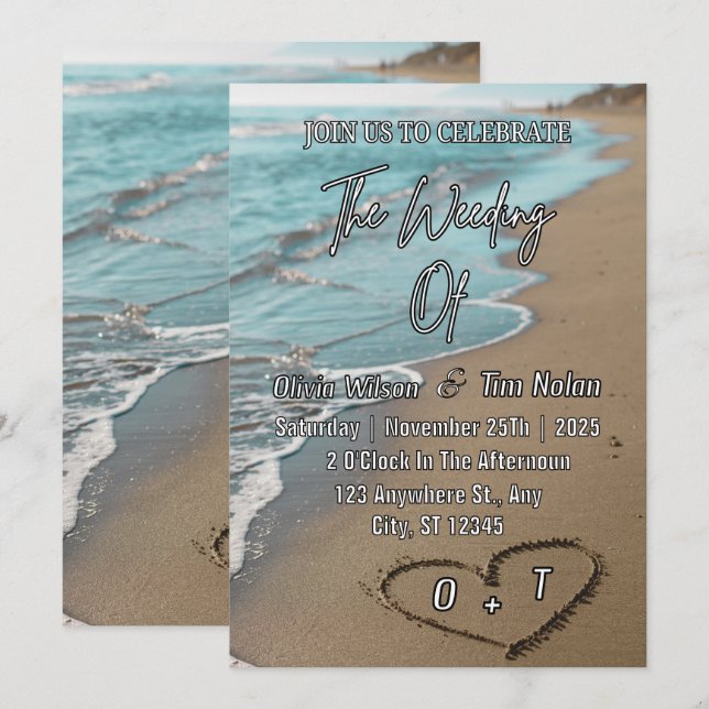 Beach Sand Hearts Elegant Tropical Modern Wedding Inbjudningar (Fram/baksida)