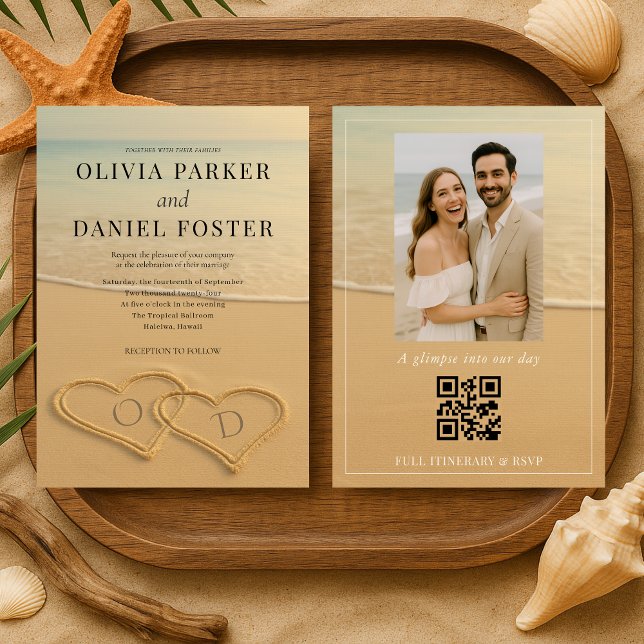 Beach Sand Hearts Tropical Photo QR Code Wedding  Inbjudningar (Skapare uppladdad)
