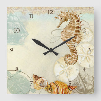 Beach Sand Seashore Collage Turtle Sea Horse Snäck Fyrkantig Klocka