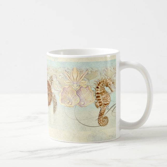 Beach Sand Seashore Collage Turtle Sea Horse Snäck Kaffemugg (Höger)