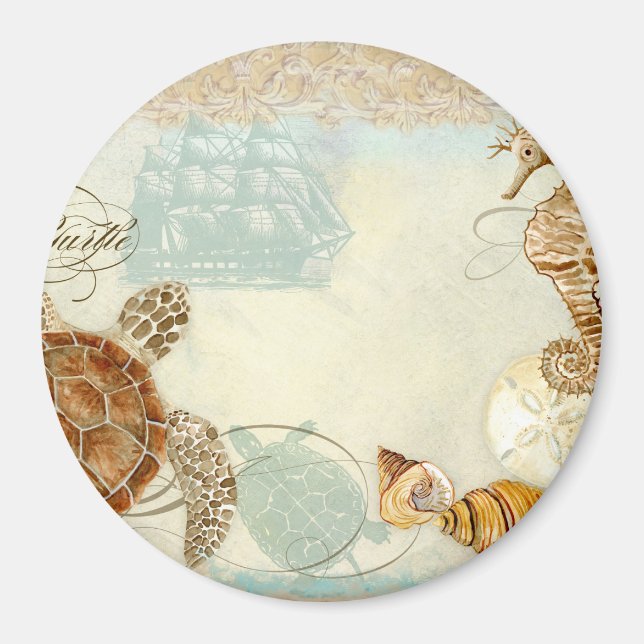 Beach Sand Seashore Collage Turtle Sea Horse Snäck Magnet (Framsidan)
