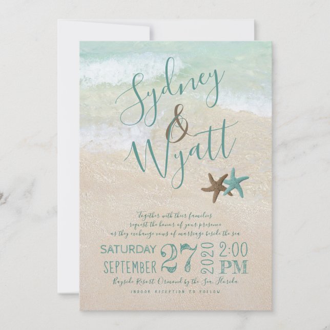Beach Sand Typography Starfish Wedding bjudande Inbjudningar (Framsida)
