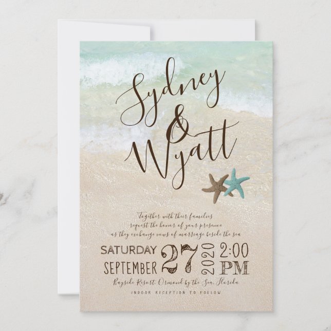 Beach Sand Typography Starfish Wedding bjudande Inbjudningar (Framsida)