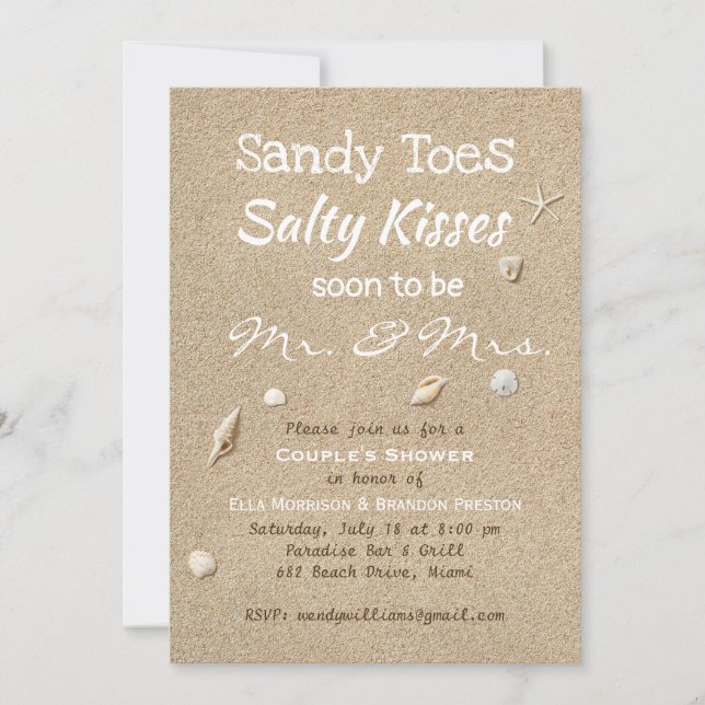 Beach Sand & White Typography Couples Shower Inbjudningar (Framsida)
