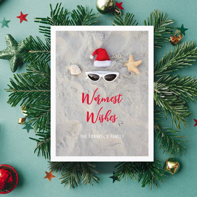 Beach Santa Hat jul i juli Helg Vykort (Warmest Wishes, Beach Santa Hat Christmas in July Holiday Postcard)