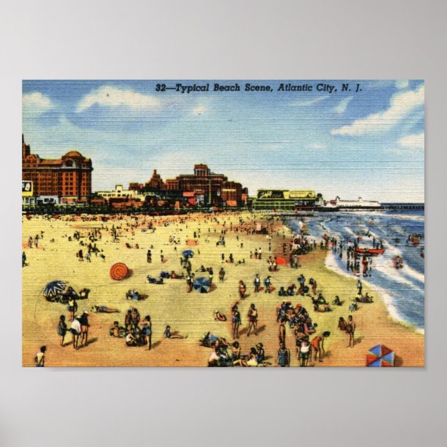 Beach Scene, Atlantic City Vintage Poster (Framsidan)