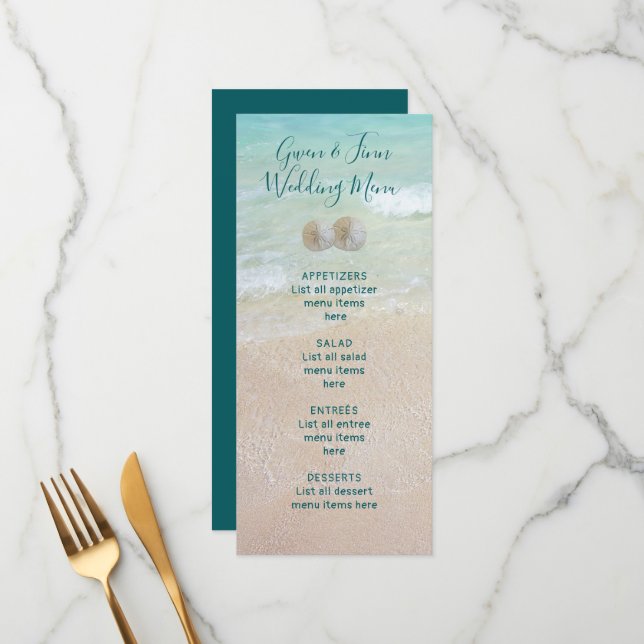 Beach Scene Background Sand Dollars Bröllop Menu Meny (Fram/Back In Situ)