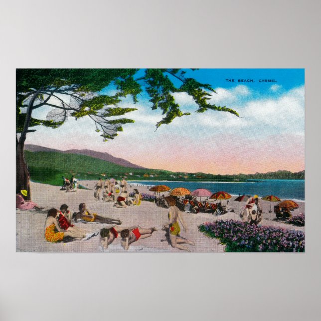 Beach Scene i Carmel, Kalifornien Poster (Framsidan)