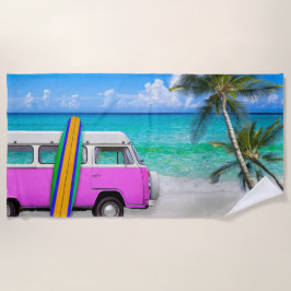 Beach Scene med Fuchsia Rosa Van och Surfboard