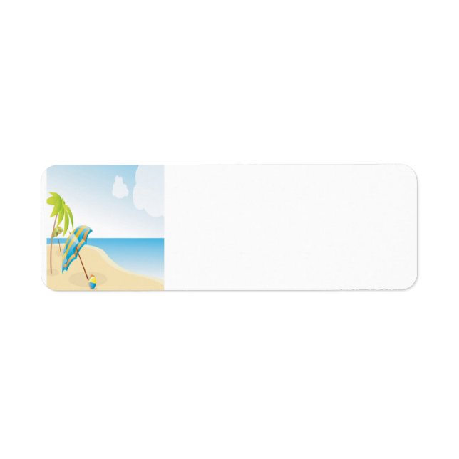 Beach Scene med Parbrella, Handflatan Träd & Beach Returadress Etikett (Framsidan)