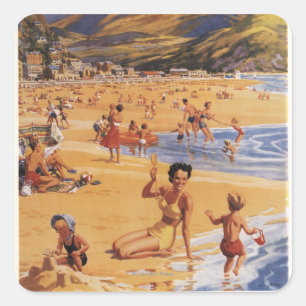 Beach Scene Mor och Kids British Rail Fyrkantigt Klistermärke