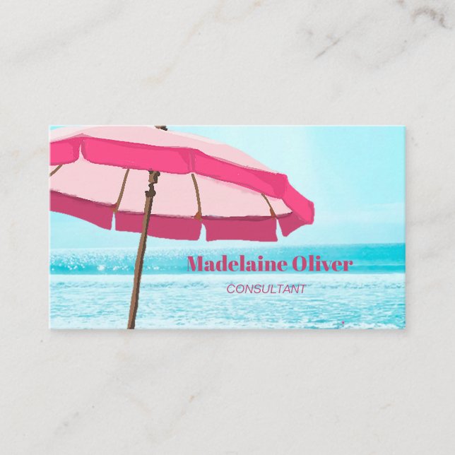 Beach Scene Ocean Blue Rosa Umbrella Visitkort (Framsida)