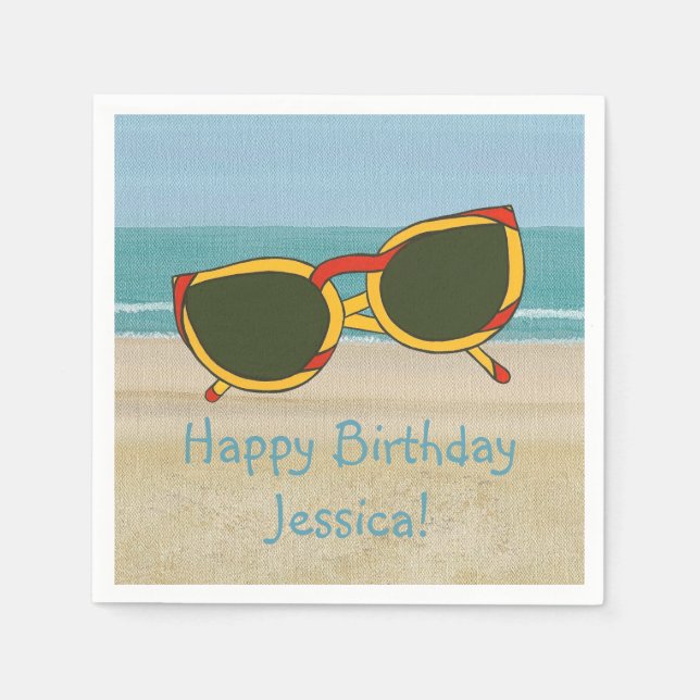 Beach Scene Sunglasses Namn Birthday Napkins Pappersservett (Framsidan)