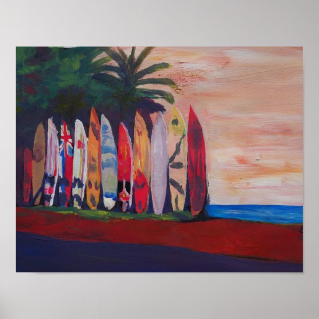 Beach Scene Surfa Board Fence Wall på havssidan Poster (Framsidan)