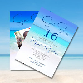 Beach Scene Sweet sixteen Blue Photo Birthday Inbjudningar