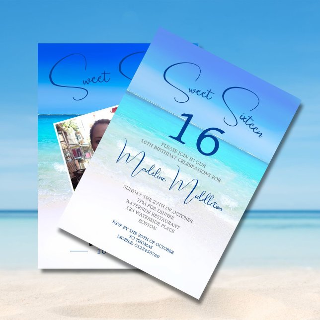 Beach Scene Sweet sixteen Blue Photo Birthday Inbjudningar (Skapare uppladdad)