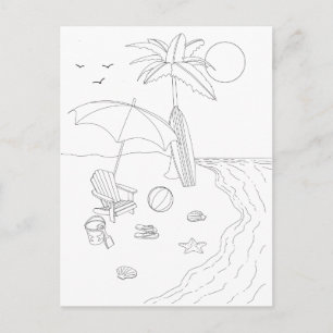 Beach Scene Vuxen Coloring Postcard Vykort