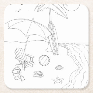 Beach Scene Vuxen Färgning Papper Underlägg Kvadrat