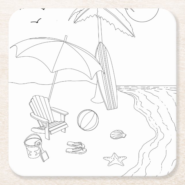 Beach Scene Vuxen Färgning Papper Underlägg Kvadrat (Framsidan)