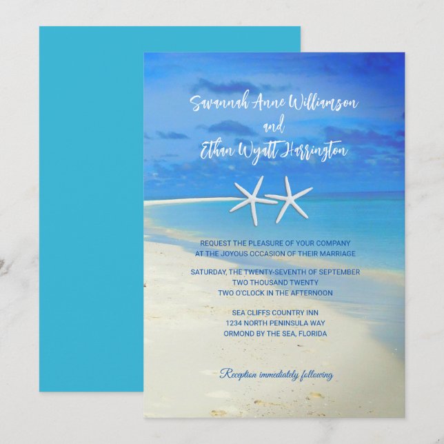 Beach Scene White Starfish Wedding bjudande Inbjudningar (Fram/baksida)