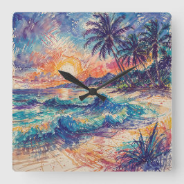 Beach Scribbles - Line Art Style Landscape Fyrkantig Klocka