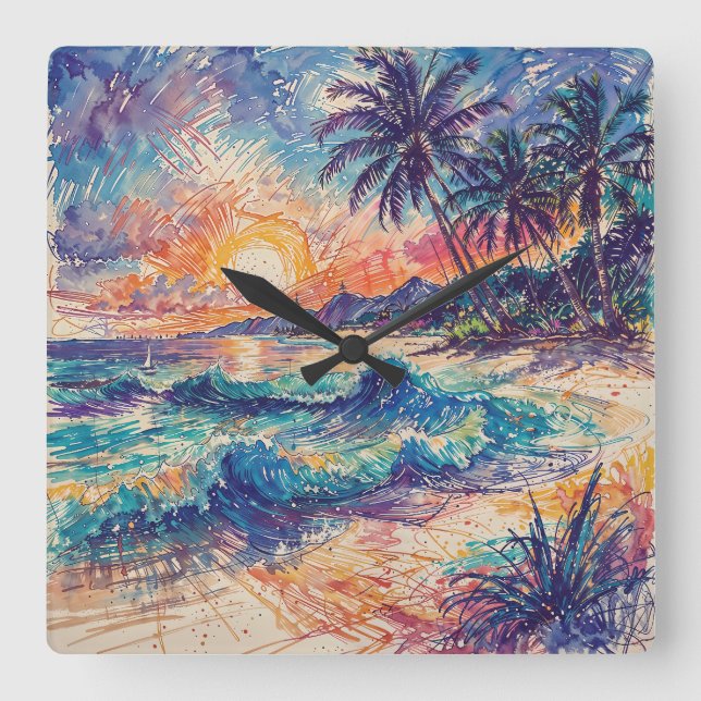 Beach Scribbles - Line Art Style Landscape Fyrkantig Klocka (Framsida)