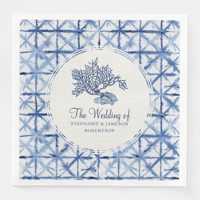 Beach Sea Coral Shibori Navy Blue Ocean Bröllop Pappersservett (Framsida)