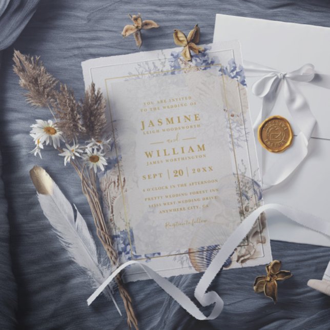 Beach Sea Shells Elegant Modern QR Code Wedding Inbjudningar (Skapare uppladdad)