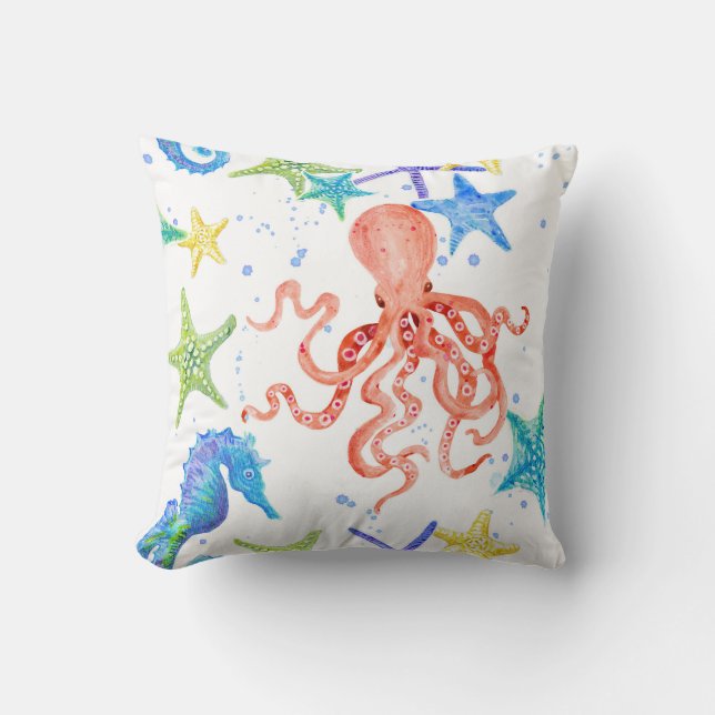 Beach Sea Shore Red Octopus Seahorse Starfish Art Kudde (Framsida)